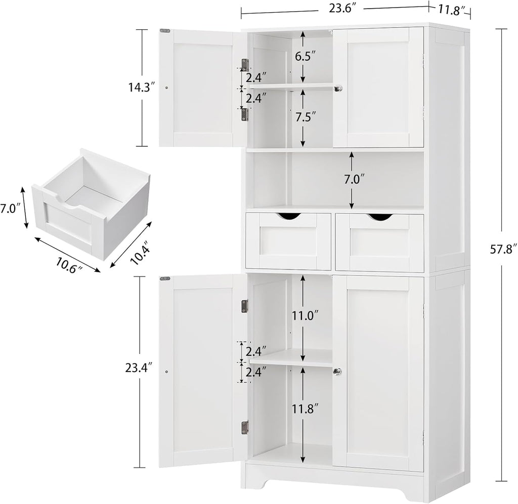 57.8" H Tall Bathroom Storage Cabinet with 4 Doors & 2 Adjustable Shelves, Freestanding Bathroom Cabinet with 2