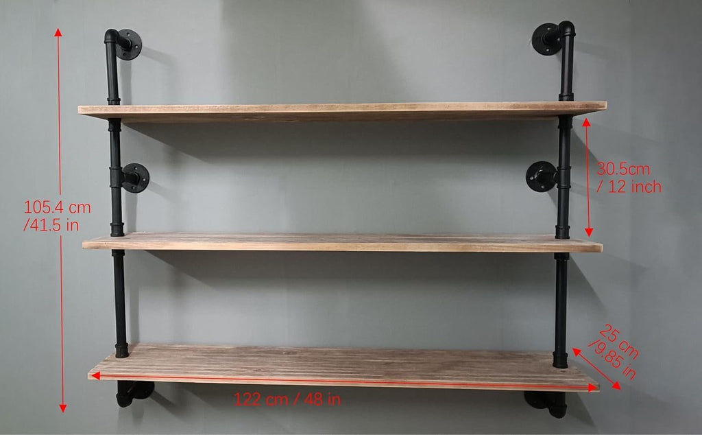 Industrial Pipe Floating Shelves, 48 Inch Rustic Wood Wall Shelf | Real Pine wood shelves with metal pipe brackets