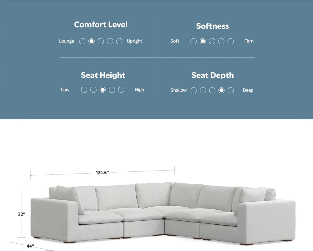 Jasmine Corner Sectional Modular Sofa in Performance Fabric, Cloud Grey, 125-inches Wide, Handcrafted