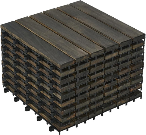 10 Pack of Interlocking Deck Tiles Striped Pattern, 12" x 12" Dark Brown Square Acacia Hardwood Outdoor Flooring for