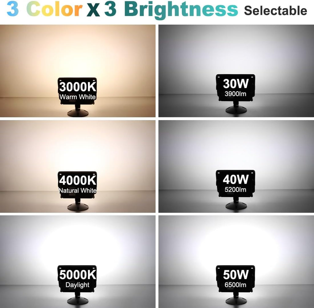 LED Flood Light Outdoor, Dusk-to-Dawn Photocell, 50W/40W/30W 3CCT | 3000K/4000K/5000K 6500LM, IP65 Waterproof