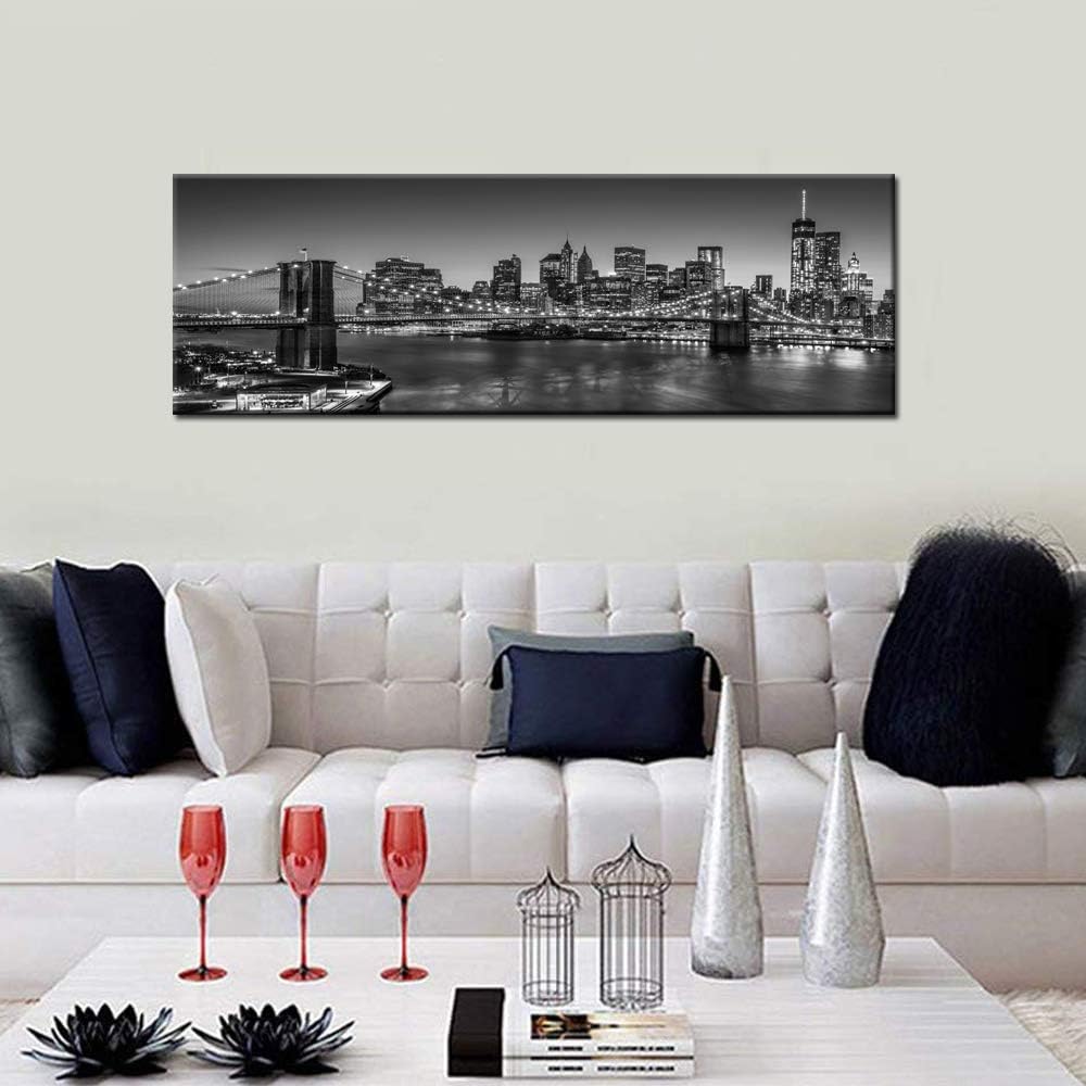 Black and White Brooklyn Bridge Canvas Wall Art New York City Picture Print Manhattan Night Skyline Painting on