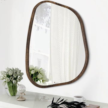 Asymmetrical Mirror Irregular Oval Wall Mirror Modern Wood Frame Unique Shape Wall Mounted Vanity Artistic Mirror