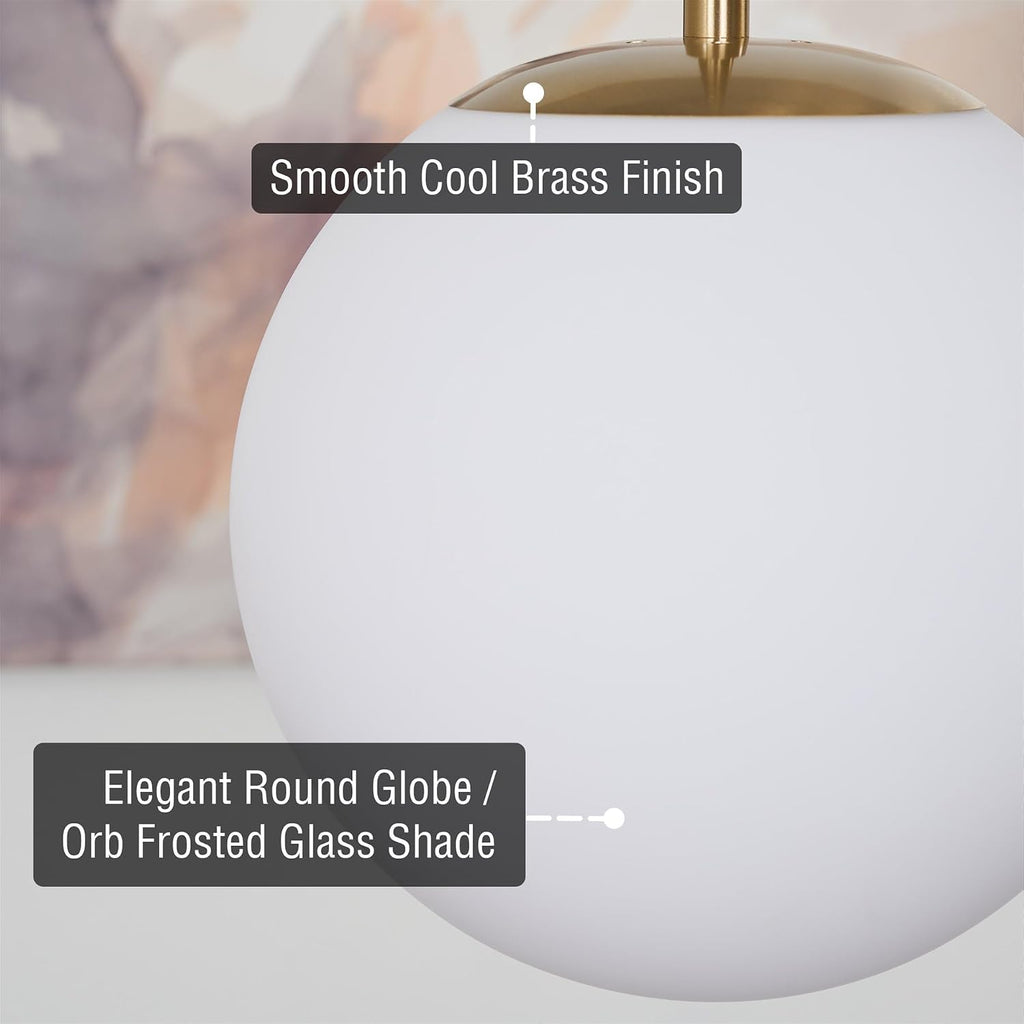Ceres 14" Mid Century Modern Globe Pendant Light, Minimalist White Frosted Glass Orb Hanging Lamp, Cool Brass Finish