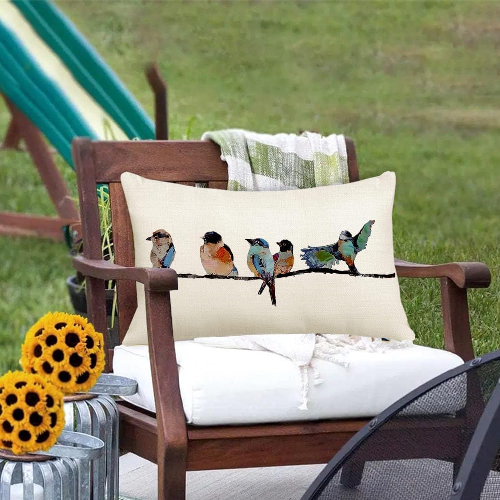 12x20 Lumbar Pillow Decorative Throw Pillows,Small Hand-Painted Outdoor Birds Pillowcases,Spring Summer Pillows