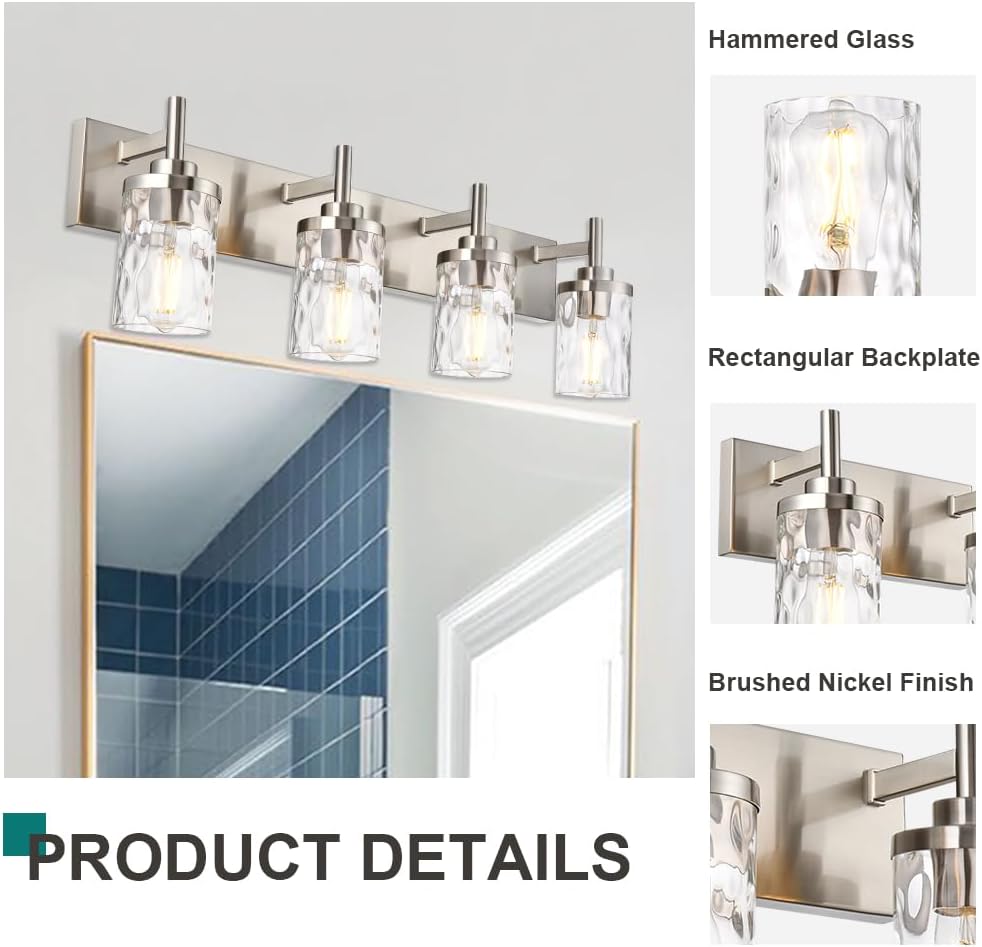 Bathroom Vanity Lighting Fixtures 4 Lights,Brushed Nickel Bathroom Vanity Lights with Clear Hammered Shade Wall