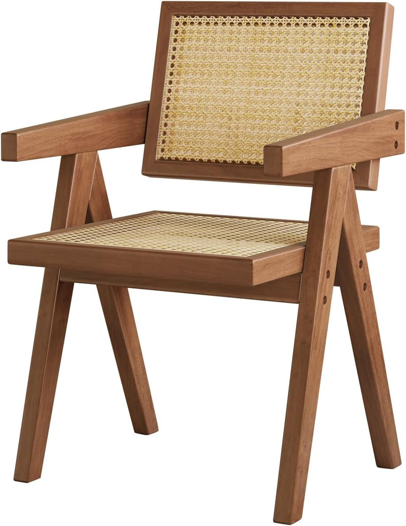 Wooden Dining Chairs Set of 2, Mid-Century Modern Rattan Chairs with Armrests, Walnut