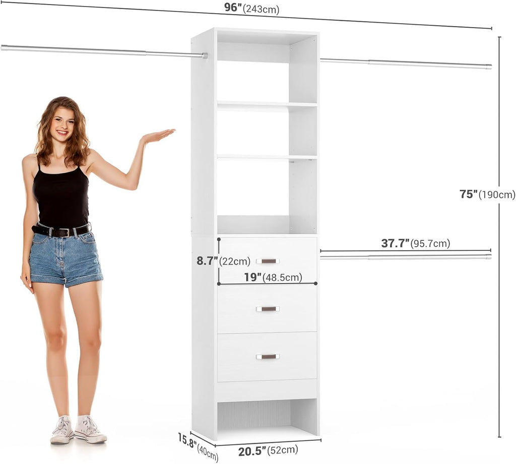 96'' Closet Organizer System with 3 Hanging Rods, 8FT Closet Organizers and Storage with 3 Wooden Drawers, Built in
