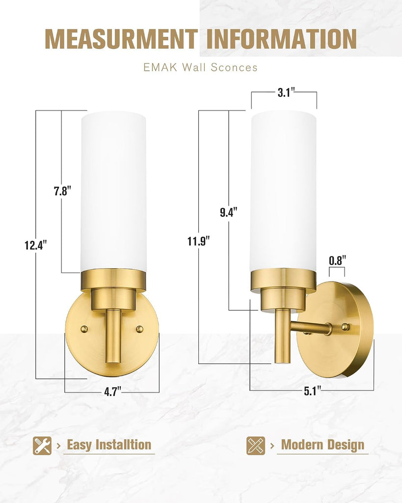 Wall Sconces Set of 2, Modern Brushed Gold Bathroom Vanity Sconce Wall Lighting with Milk Glass Shade for Bathroom