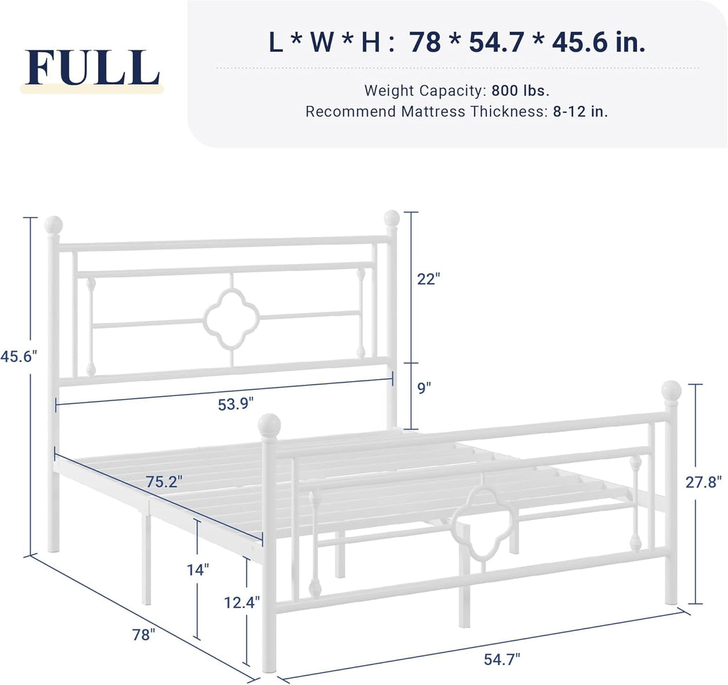 Full Metal Platform Bed Frame with Victorian Vintage Headboard and Footboard/Mattress Foundation/Under Bed Storage/No