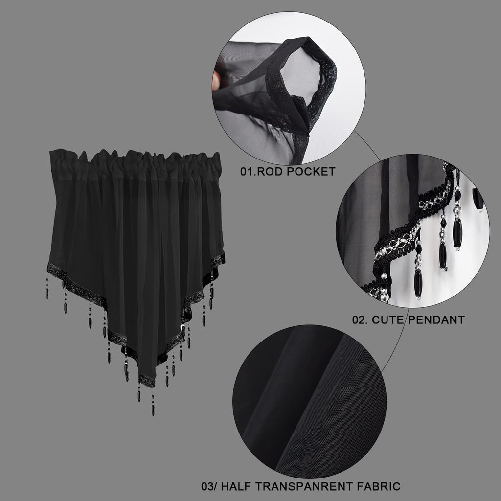 Swag Curtain 51 inch Length Rod Pocket Scalloped Curtain Valance Sheer Lace Panels with Hanging Crystal Beads for Kitchen Bedroom Window Treatments Drape Decor 1pc (Black, 51Wx23L)