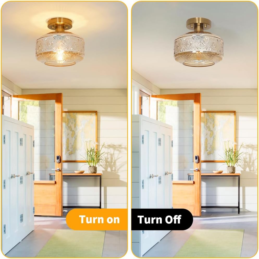 Semi Flush Mount Ceiling Light, Vintage Small Ceiling Light Fixture, Thickened Glass Hallway Lighting Fixture, Brass