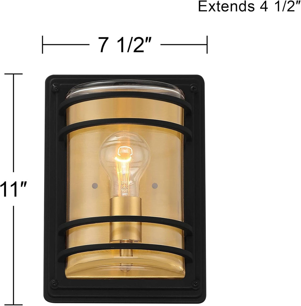 Modern Industrial Wall Light Sconce Black and Brass Hardwire 7 1/2" Fixture Clear Glass Shade for Bedroom Bathroom Bedside Vanity Living Room Home Hallway Dining Kitchen