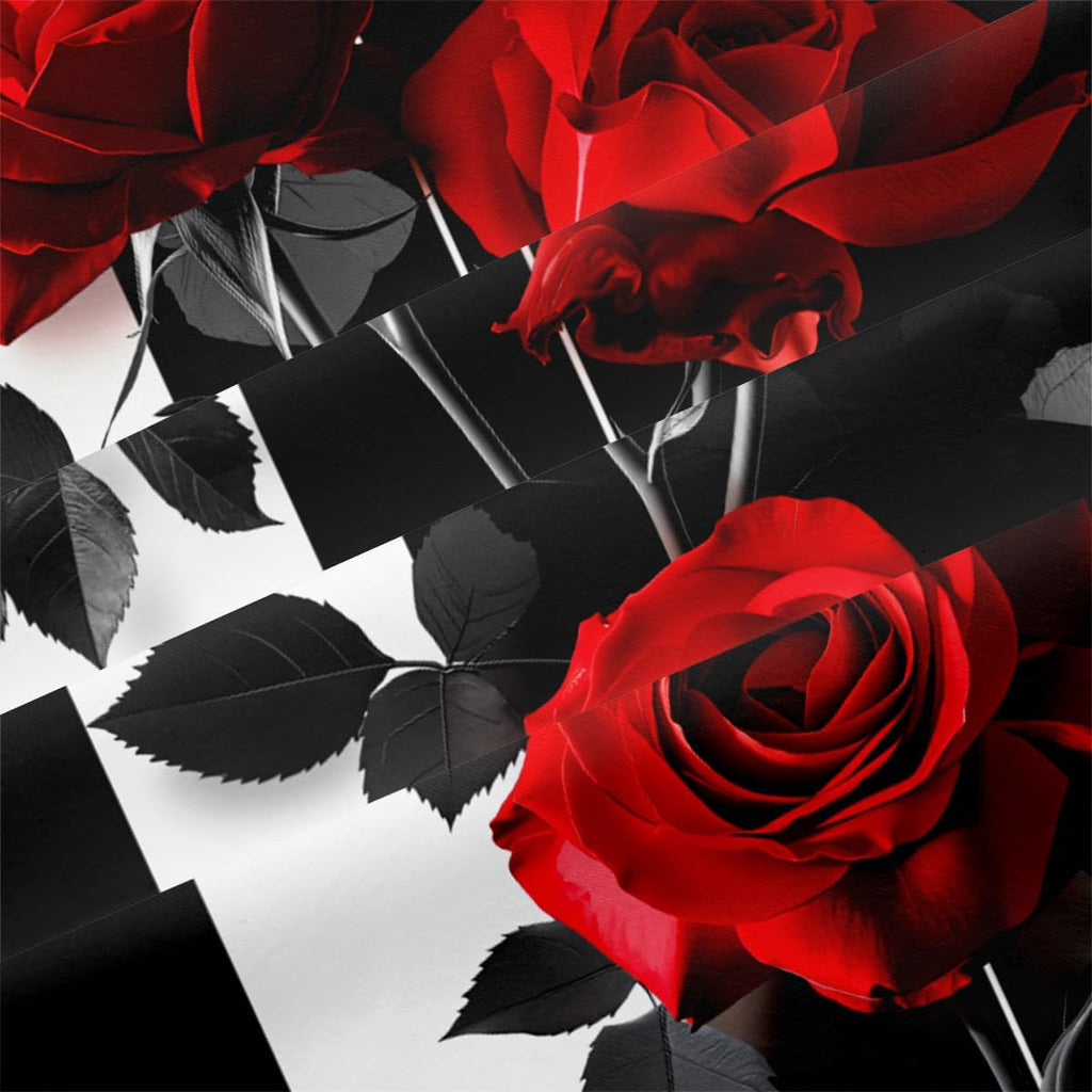 Rose Comforter Set Black Red Bedding Set Striped Floral Bedding for Women Aesthetic Comforter with 2 Pillowcases
