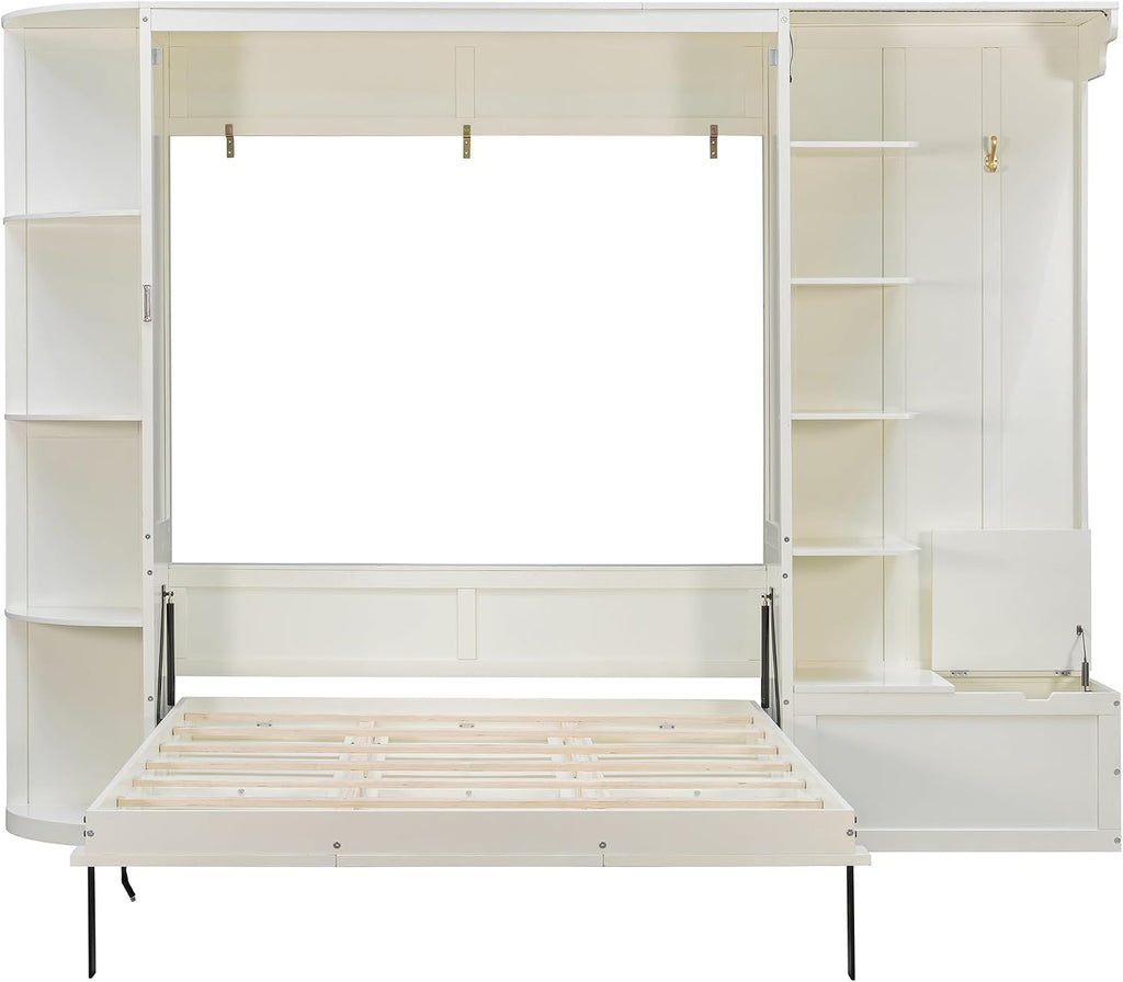 Queen Murphy Bed with Storage and Lights, Hidden Fold-Out Legs, Foldable Murphy Cabinet Bed with Hook, Built-in