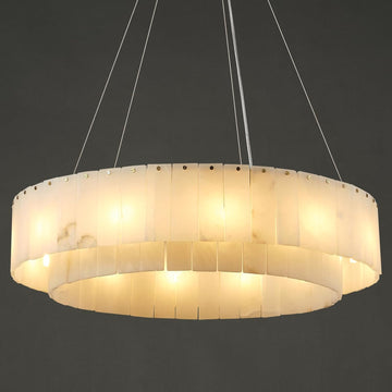 Alabaster Round Chandelier, D31in Modern Marble Dining Room Chandelier, 2 Tiers Brass Drum Pendant Light Fixtures, Gold Ceiling Light Chandeliers for Living Room, Bedroom Lights, Foyer, Kitchen
