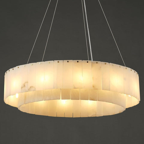 Alabaster Round Chandelier, D31in Modern Marble Dining Room Chandelier, 2 Tiers Brass Drum Pendant Light Fixtures, Gold Ceiling Light Chandeliers for Living Room, Bedroom Lights, Foyer, Kitchen A125-B0DPFRKY6Z