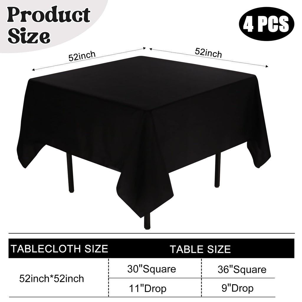 4 Pack Square Table Cloth 52x52 Inch Black Tablecloth Machine Washable Fabric Polyester Table Cover for Dining