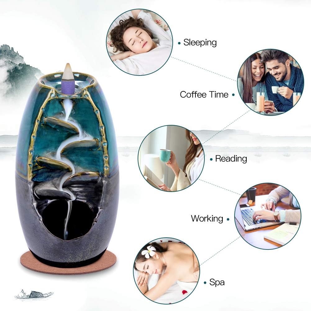Ceramic Backflow Incense Holder Waterfall Incense Burner, Blue - Set of 150
