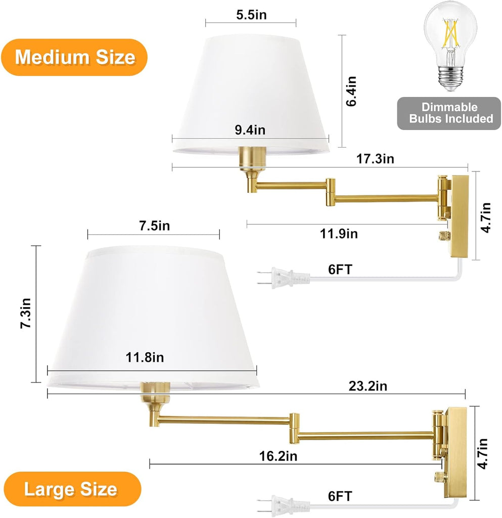 Dimmable Wall Sconce Plug in, Brushed Brass Wall Sconces Set of 2 Swing Arm Wall Lights with Plug in Cord and Dimmer