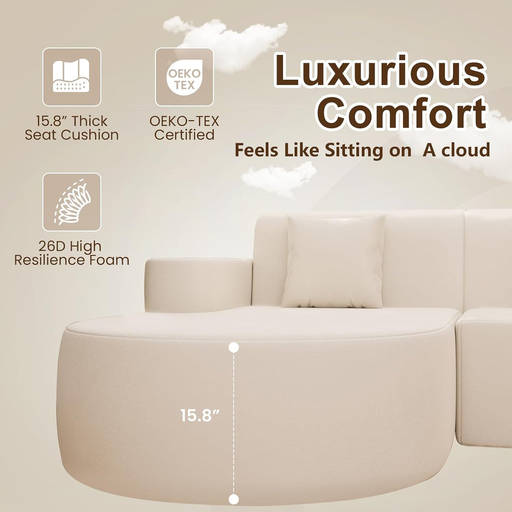 Modern Curved Boneless Sofa Couch, L-Shaped Corner Sofa, No Assembly Needed, Chenille Upholstered Cloud Sectional