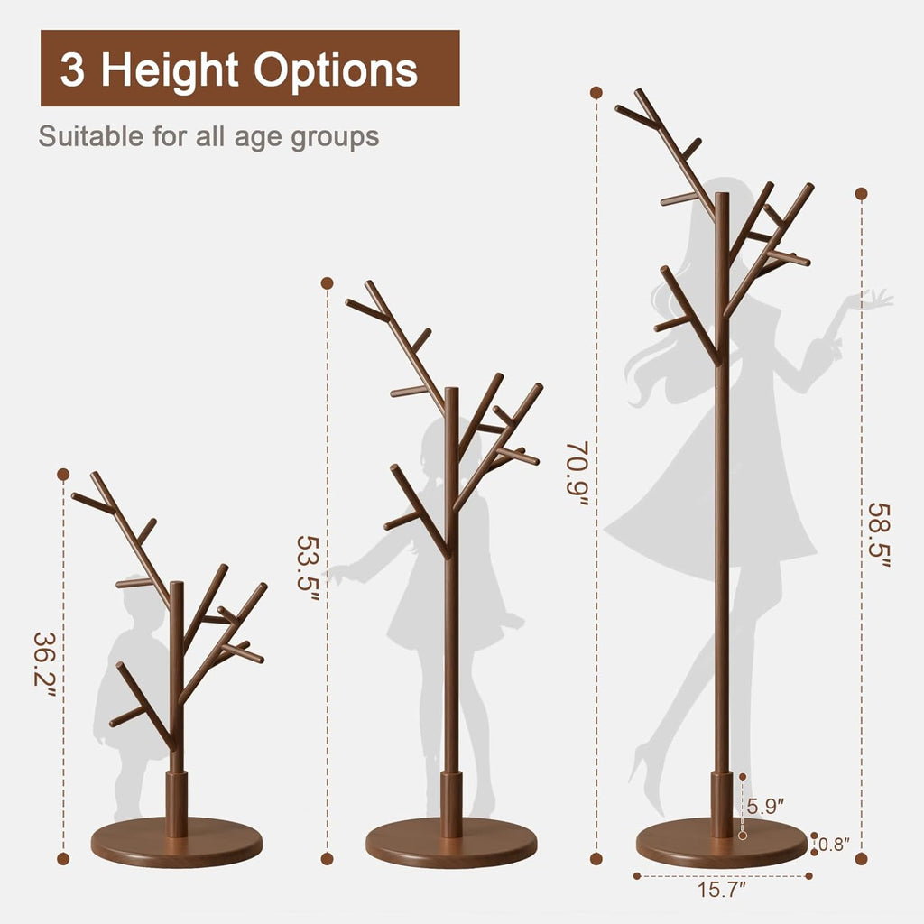 Coat Rack, Solid Wood Coat Rack Freestanding With 12 Hooks, Coat Tree Freestanding Heavy Duty 3 Adjustable Heights