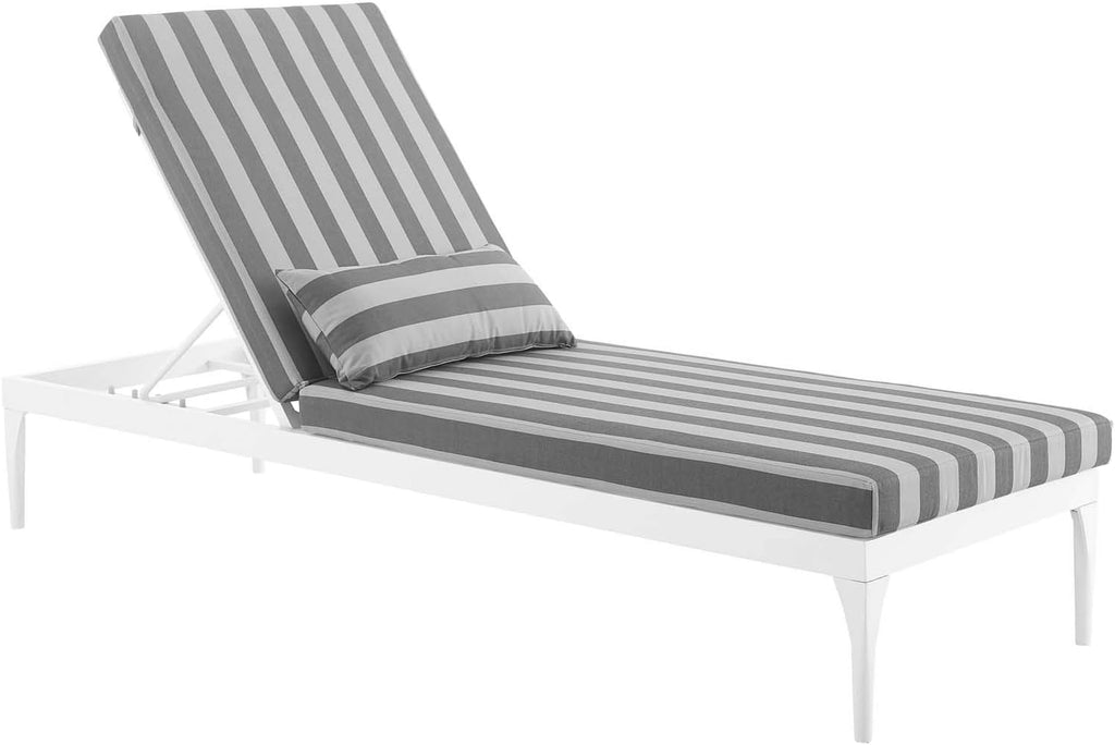 Aluminum Outdoor Patio Chaise with Cushions, Lounge Chair, White Striped Gray