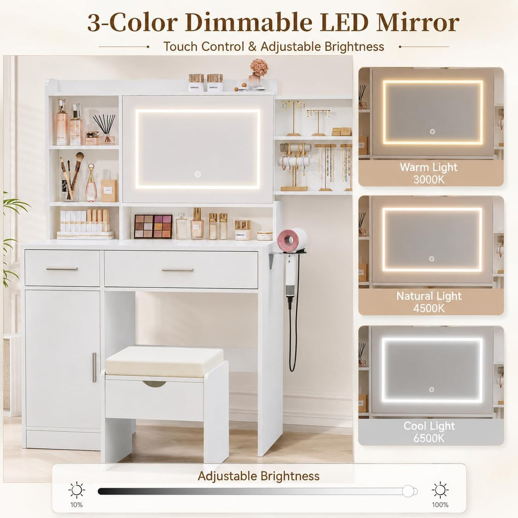 Vanity Desk with Mirror and Lights, Makeup Vanity Table with Stool, Power Outlet, USB Ports, 2 Drawers, Hidden