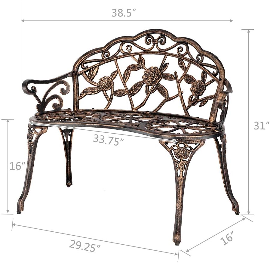 Small Outdoor Garden Patio Bench, Outside Benches 2-Person Aluminium Rose Loveseat Bench Elegance with Backrest and