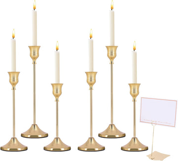 Candle Holders Set - 6 Metal Tall Candlestick Holders & 2 Label Holders & 5 Greeting Cards for Banquet Centerpieces