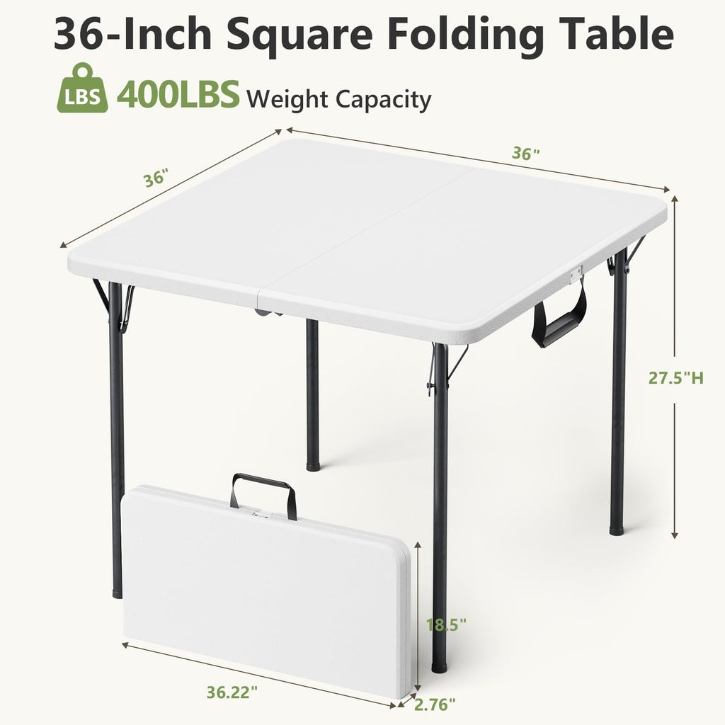 Folding Table, 36 Inch Square Foldable Card Table with Carrying Handle, Heavy Duty Fold-in-Half Portable Table No