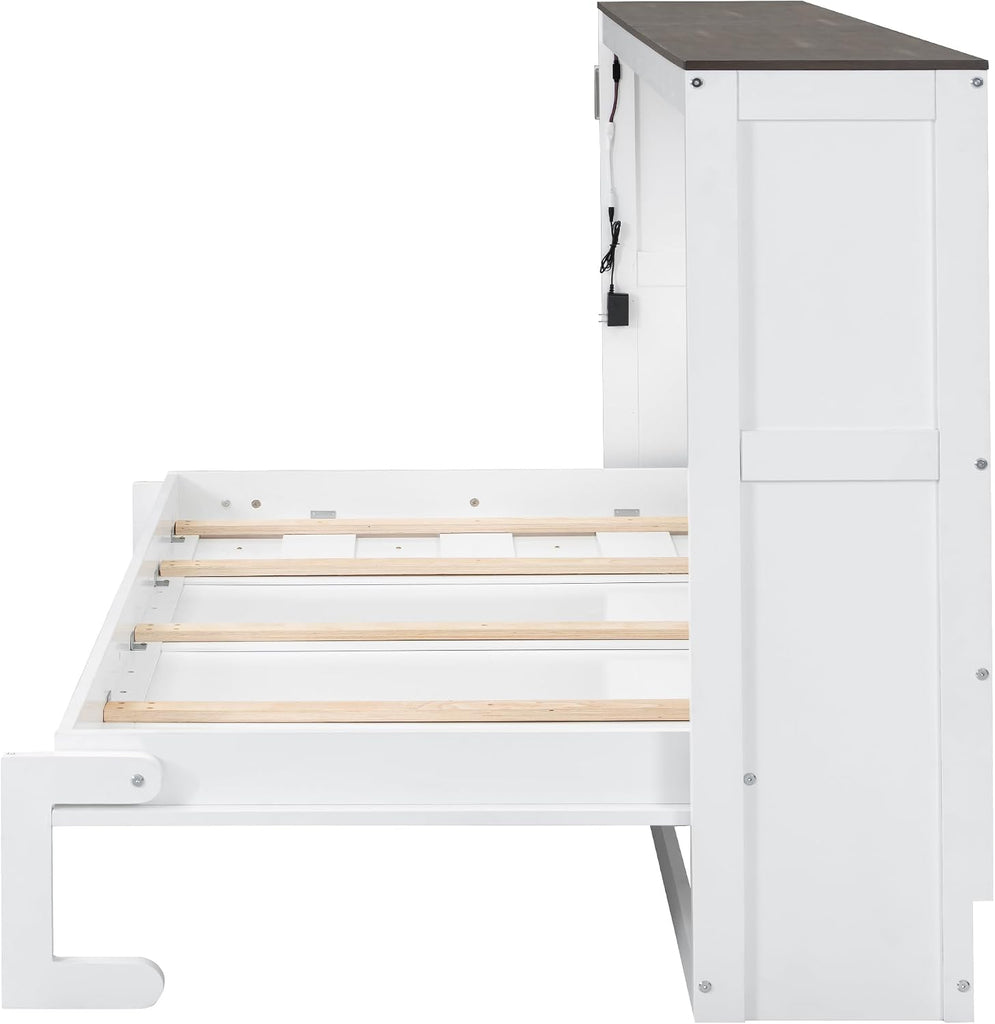 Twin Murphy Bed Cabinet, Space-Saving Foldable Wall Bed with LED Lights, Wooden Horizontal Murphy Bed Frame for