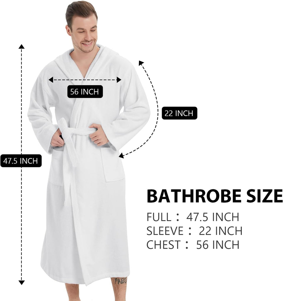 Men's Bathrobes with Hood, 100% Cotton Terry Bath Robe, Soft Long Shower Towel Robe for Men with Pockets