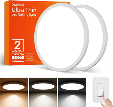 12 Inch White LED Flush Mount Ceiling Light Fixture (2 Pcs) | 24W 2640LM, Dimmable Light, Compact Ultra-Thin Design
