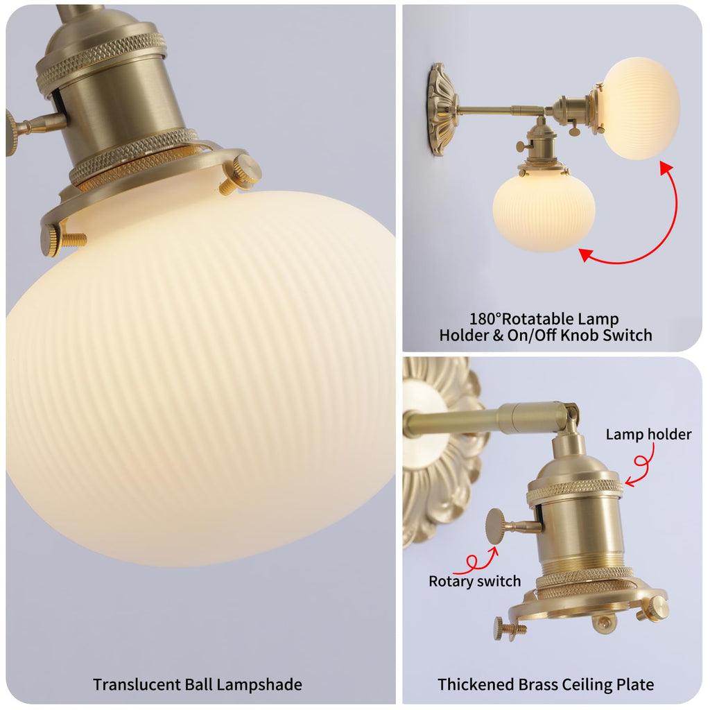 Nordic Brass Wall Sconce Modern Adjustable Interior Wall Sconce with Spherical Opal Glass Shade Stripe Finish