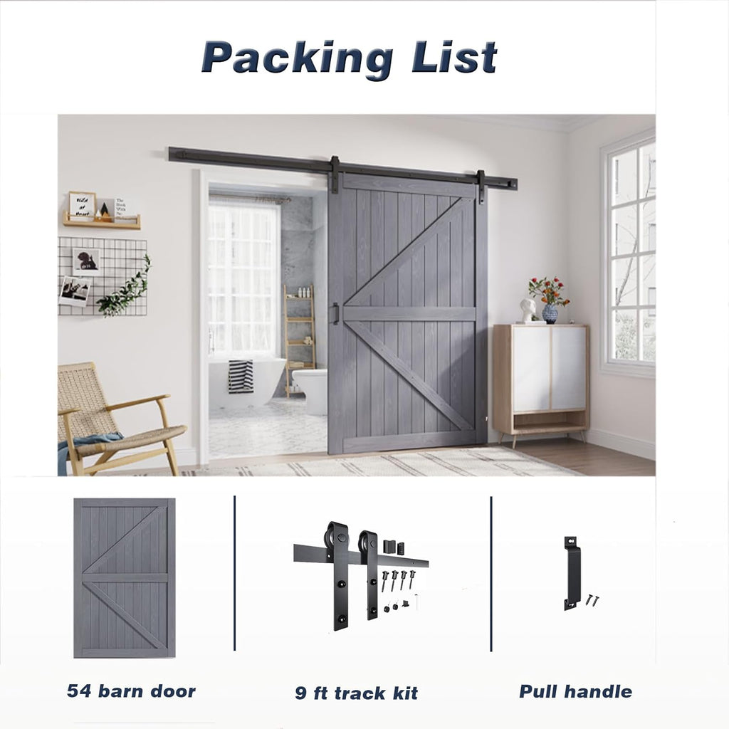 54in x 84in Gray Wood Barn Door Slab with 9ft (108inch) Barn Door Hardware Track Kit Included, Doubl