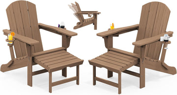 Folding Adjustable Adirondack Chair with Ottoman & 2 Cup Holders Set of 2, HDPE Adirondack Recliner Chair with