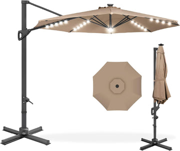 10ft Solar LED Cantilever Patio Umbrella, 360-Degree Rotation Hanging Offset Market Outdoor Sun Shade w/Lights - Tan