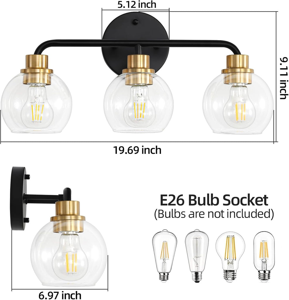 3 Light Bathroom Vanity Light, Black and Gold Bathroom Light Fixtures | with Clear Glass Shade Modern Wall Sconces