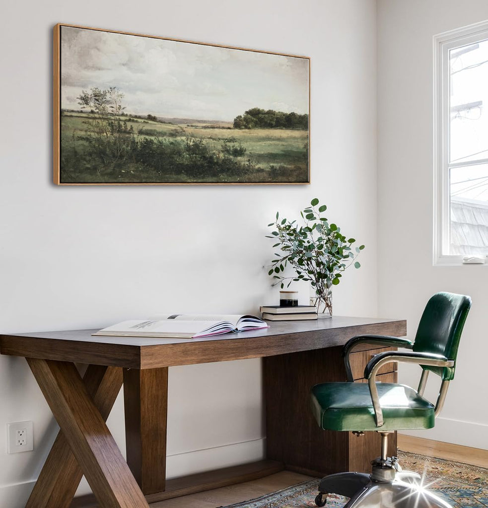 Framed Wall Art , Vintage Landscape Canvas Wall Art Prints, Nature Countryside Scenery Artwork, Retro Vast Grassland