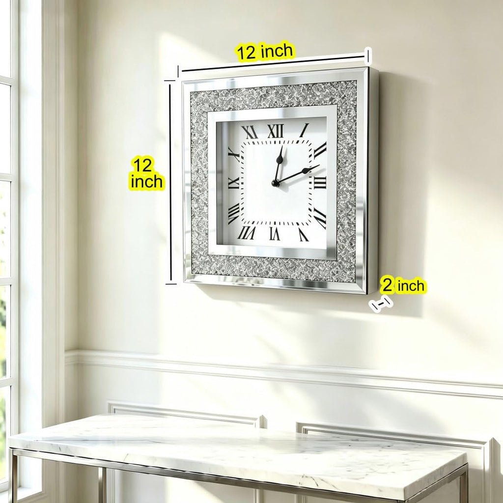 Crystal Crush Diamond Mirrored Square Wall Clock with Sparkle Twinkle Bling Diamond Decor for Wall Decoration