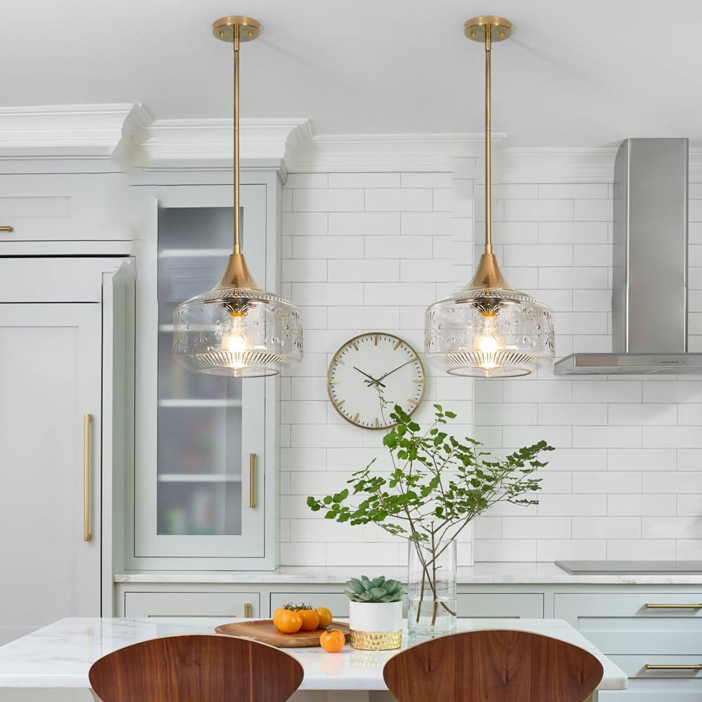 Vintage Gold Pendant Light with Clear Glass, Adjustable Kitchen Pendant Lighting over Island, Brushed Pendant Lights