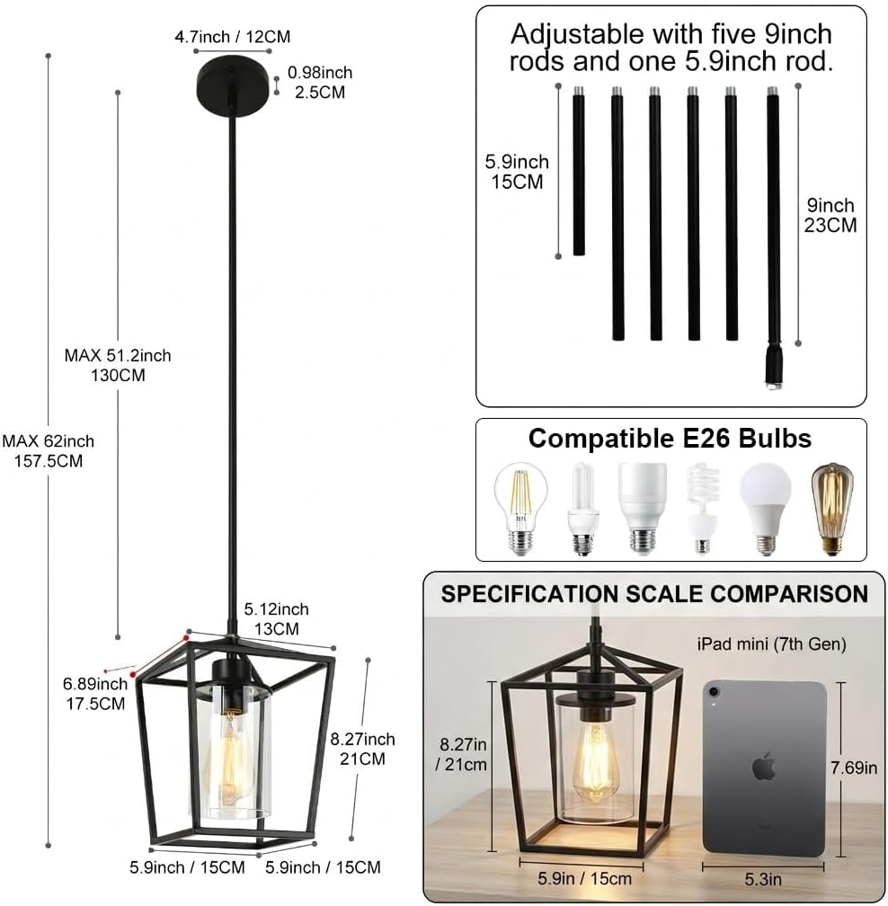 Black Pendant Lights Kitchen Island, 1-Light Farmhouse Kitchen Pendant Lighting Over Island, Metal Cage Island