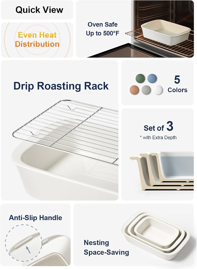 Deep Casserole Dishes for Oven, 13.7"x9.6" Ceramic Dish Set with Roasting Racks, Large Lasagna Pans with Handles