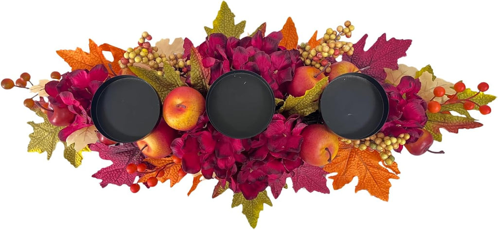 26 Inch Fall Candle Holder Centerpiece with Hydrangea and Apples