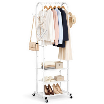Small Clothes Rack with 3-Tier Mesh Shelves & 8 Hooks, White