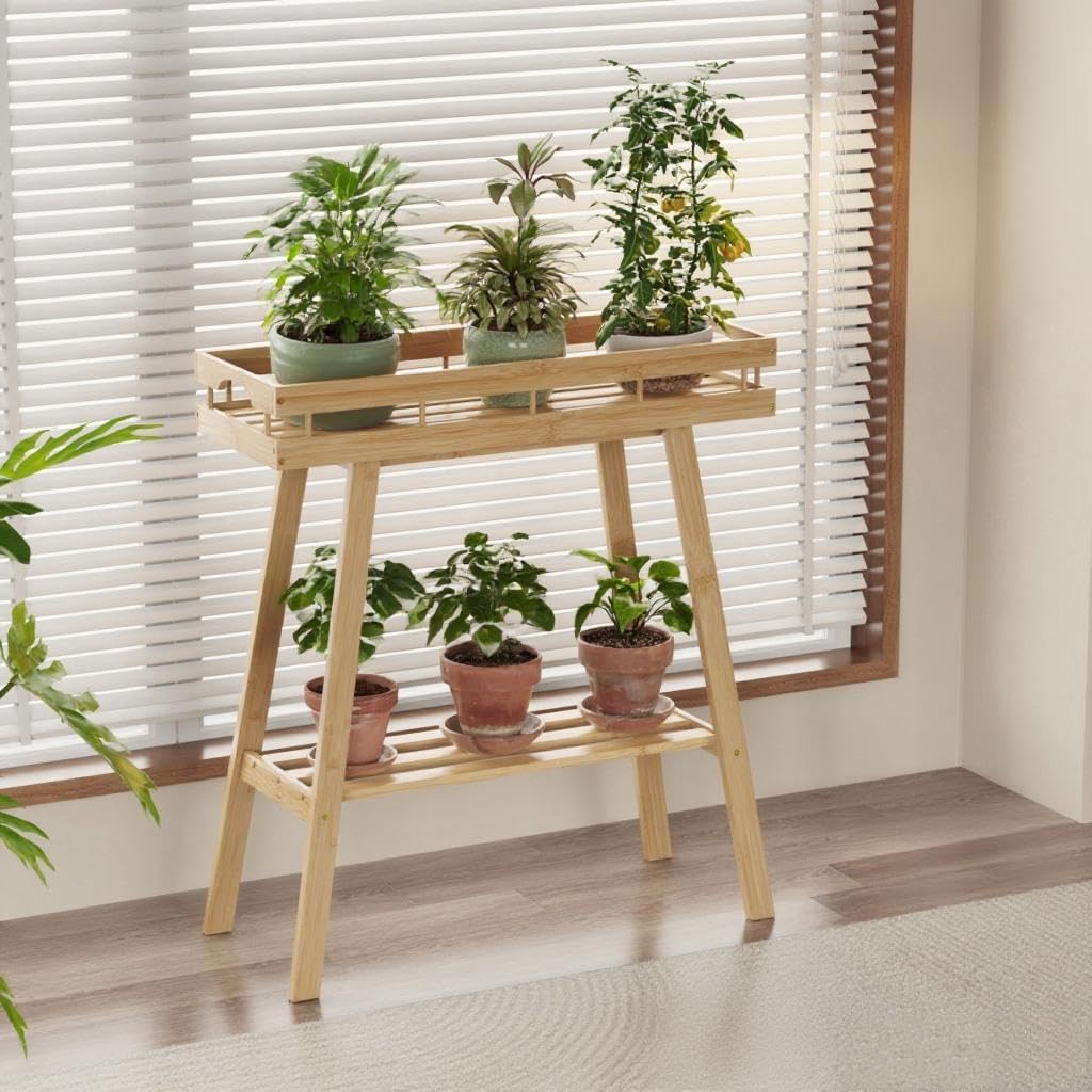 Bamboo Plant Stand Indoor, 2 Tier Small Plant Table, Tall Plant Stand for Indoor Plants, Window Sill Plant Shelf
