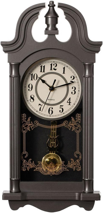 20" Vintage-Inspired Plastic Grandfather Wall Clock Realistic Wood-Grain Finish Swinging Pendulum Battery-Operated Decorative Accent for Home Office Living Room Kitchen Hallway, Charcoal