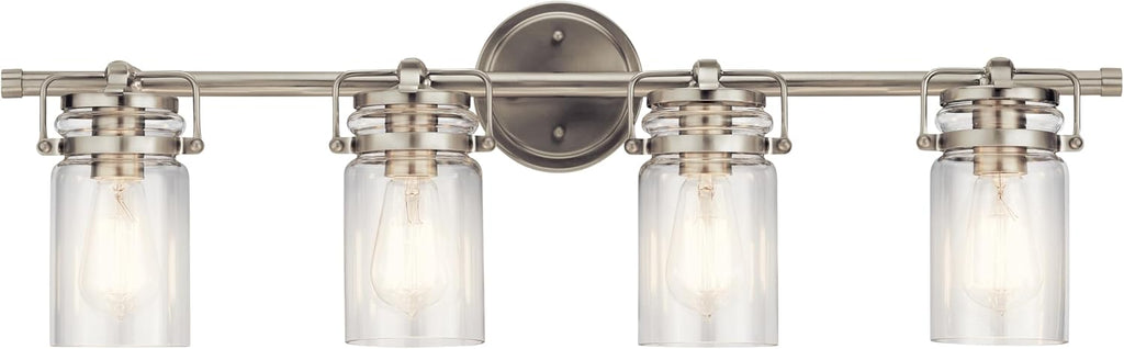 Brinley 32.25" Vanity Light in Brushed Nickel, 4-Light Farmhouse Bathroom Vanity Light with Clear Glass, (32.25" W x