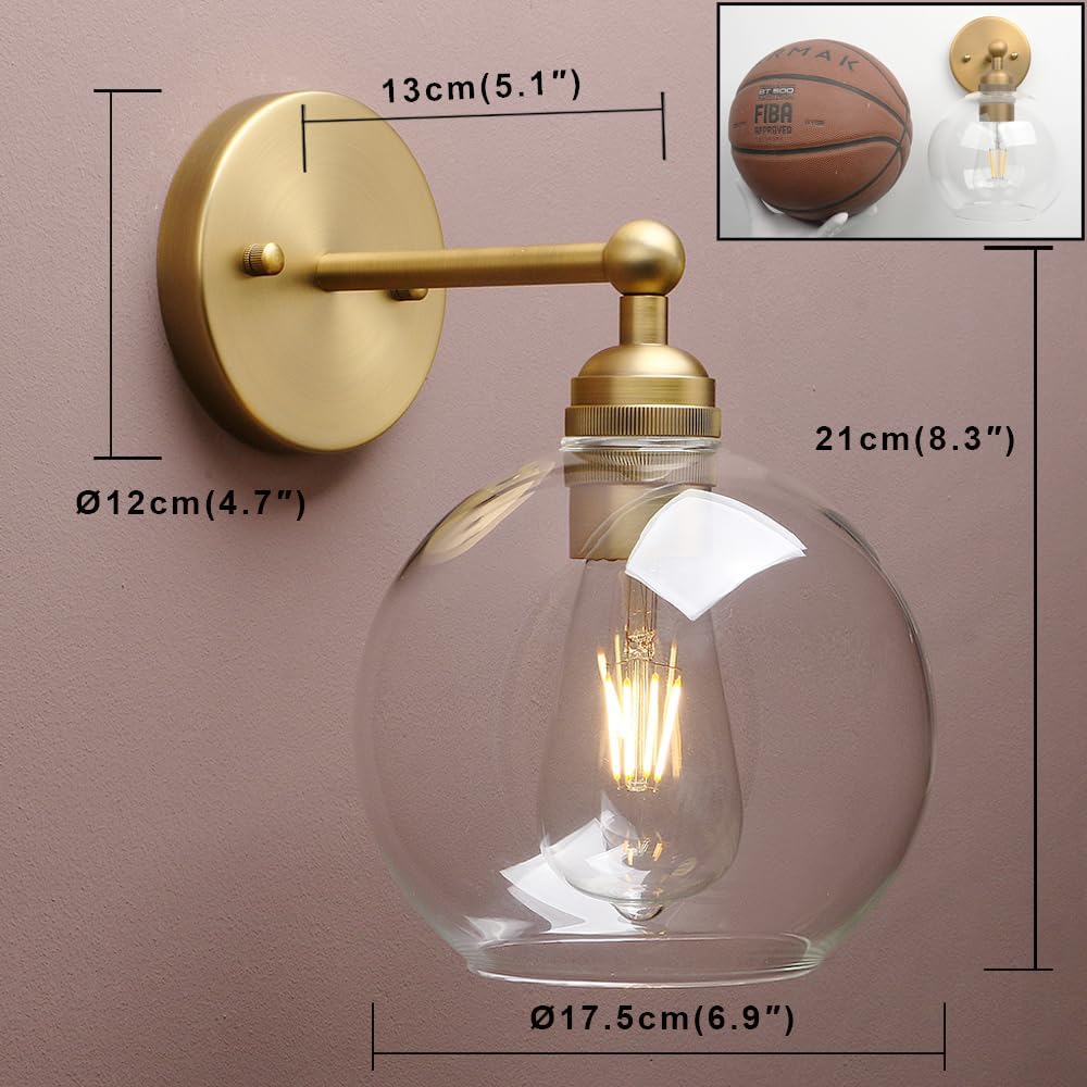 Antique Brass Vanity Bathroom Globe Glass Shade Wall Sconce | 1-Light Indoor Hardwired Wall Industrial Fixture Lights